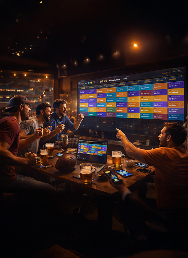 Prime Draft Pro live draft board on screen at a draft party